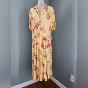 Vintage Janice McCarty Yellow Floral Button-Front Maxi Dress with Short Sleeves